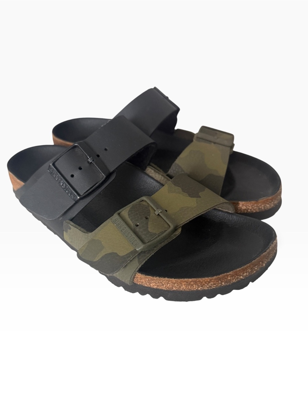 Birkenstock Women’s Dual-Strap Sandals in Black and Olive Camo - size 39